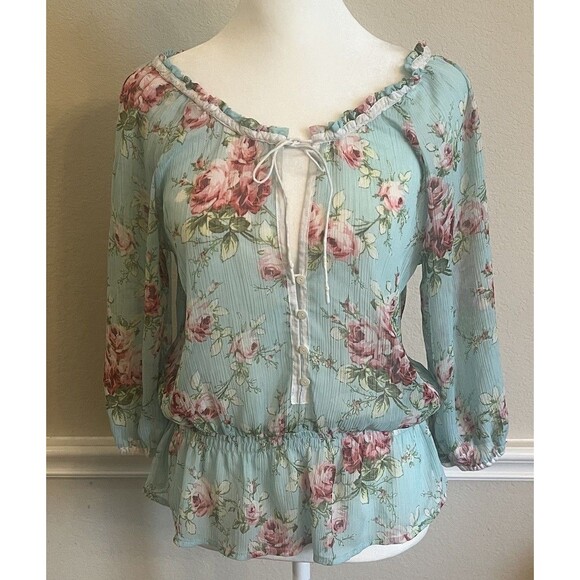 Abercrombie & Fitch Sheer Floral Teal Blouse, Size Small - Picture 1 of 8